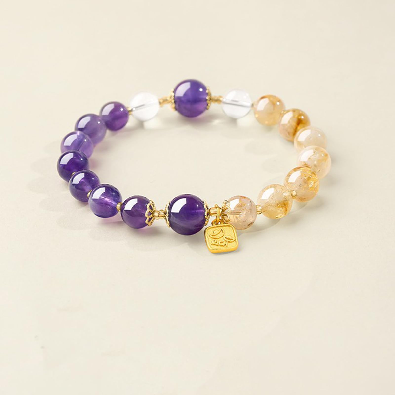 Bracciale con Ametista citrino Naturale – Bracciale Elasticizzato Fatto a Mano con Doppia Pietra preziosa per Donna, Bracciale con Equilibrio Fortunato di ricchezza e prosperità