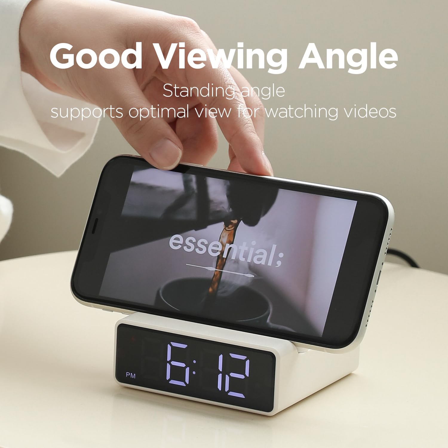 mooas Mini reloj cuadrado de carga inalámbrica rápida de 15 W (gris oscuro), reloj despertador digital, brillo de 3 niveles, modo 12/24 horas, almohadilla de carga inalámbrica, compatible con iPhone,
