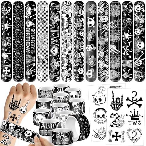 JIUJIUBER 96 PCS Bad Two the Bone Party Favors Set - 24 Bad Two the Bone Party Wristbands Bracelets & 72 Temporary Tattoos for Bad Two the Bone Birthday Decoration Boy Supplies
