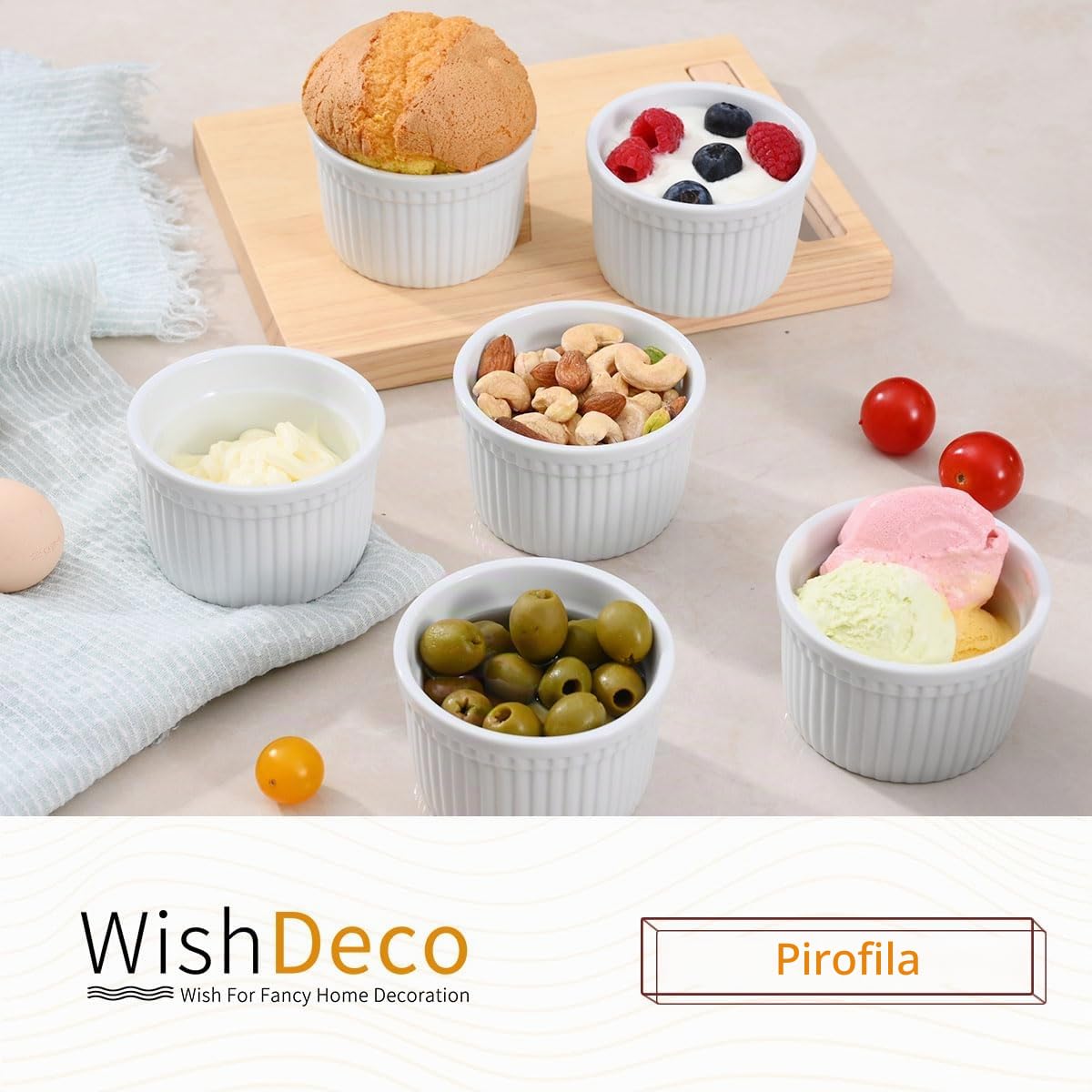 WishDeco Set di 6 Pirottini Ceramica, 200 ml Stampi per Soufflè, Cocotte Forno, Mini Pirottini Creme Brulee, Piccole Ciotole Bianche per Salse, Crema, Aperitivo