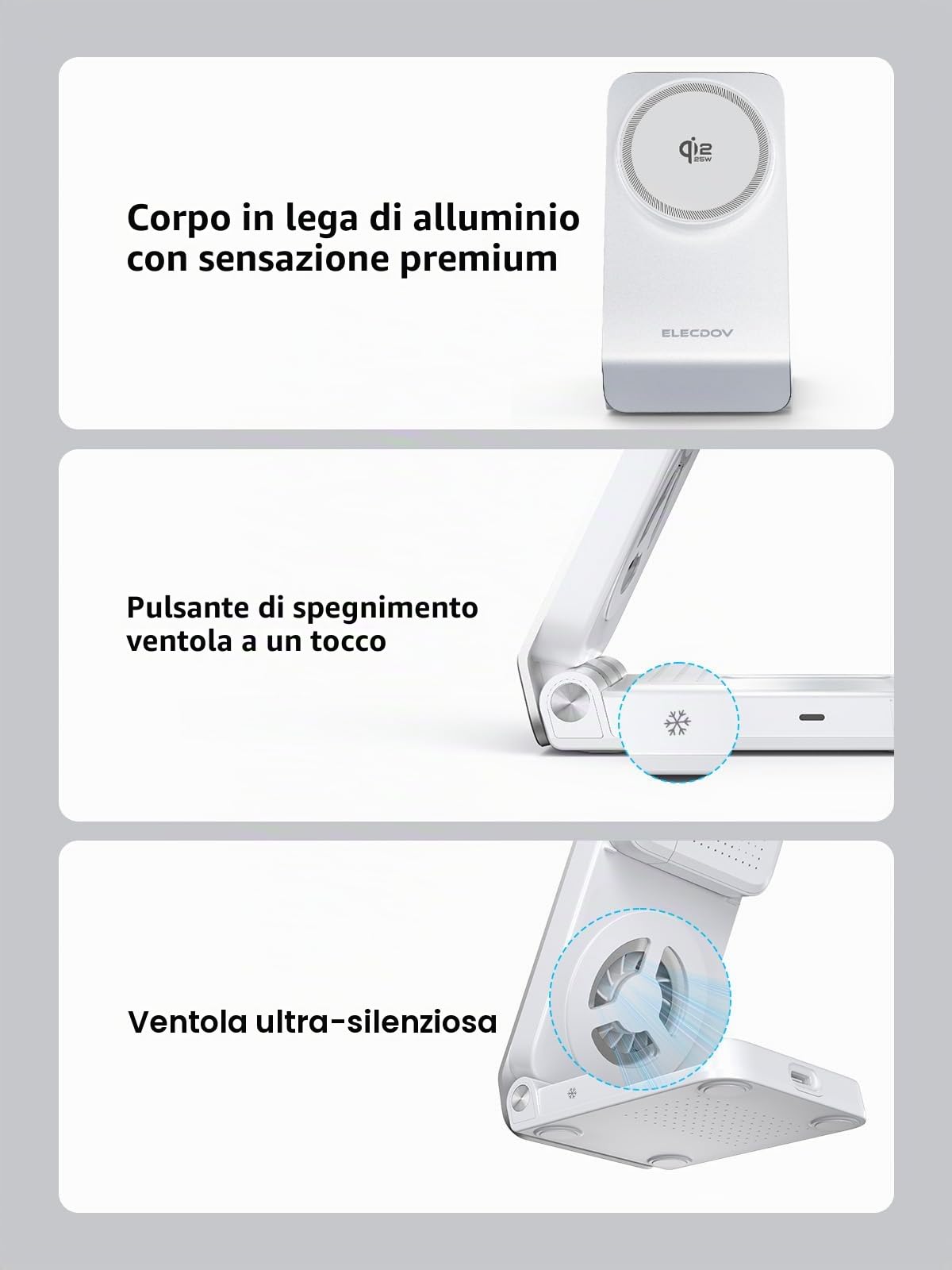 Caricabatterie wireless per Samsung - Caricatore magnetico Qi2 con raffreddamento attivo, stazione di ricarica pieghevole 3 in 1 per Samsung Galaxy S25 Ultra, Galaxy Watch 8 e Buds 3, per dispositivi