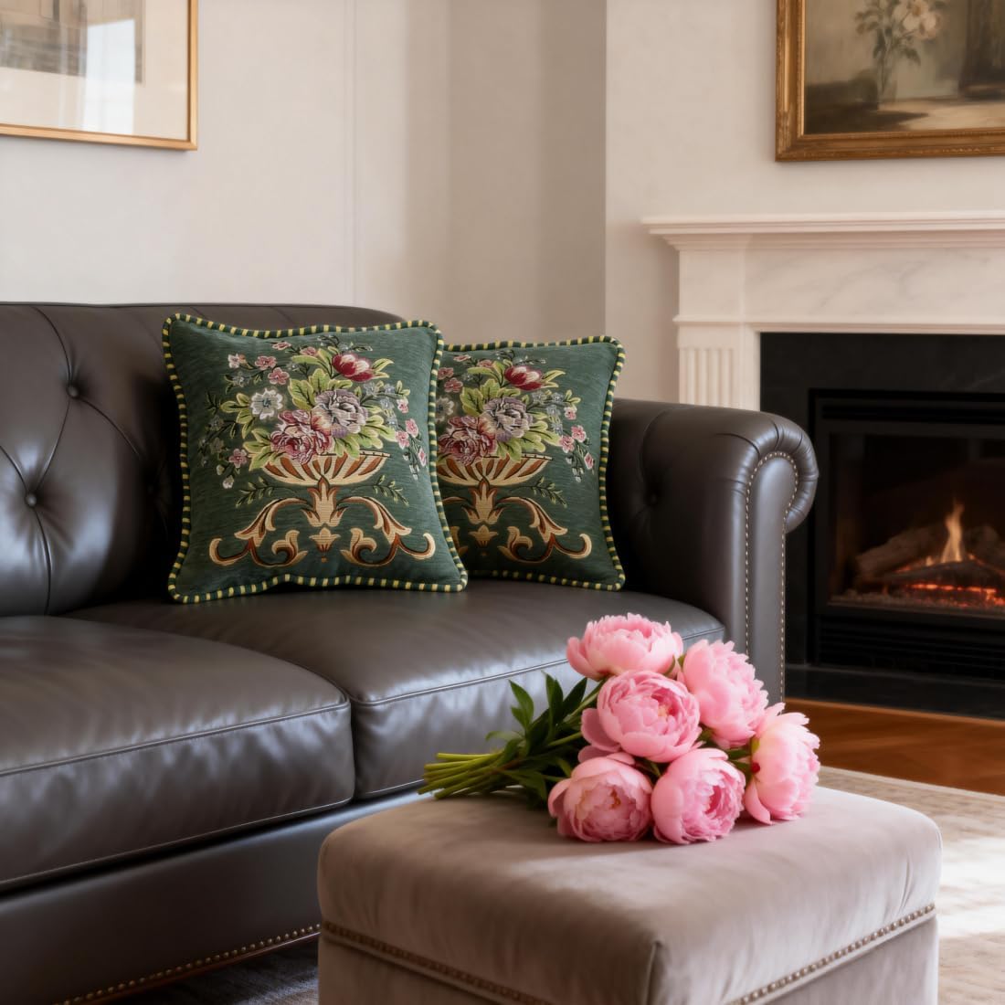 Set of 2 Green 18x18 in Vintage Embroidered Throw Pillow Covers for Sofa Cushion, Decorations Indoor Pillow Covers for Livingroom,Bedroom - Image 3