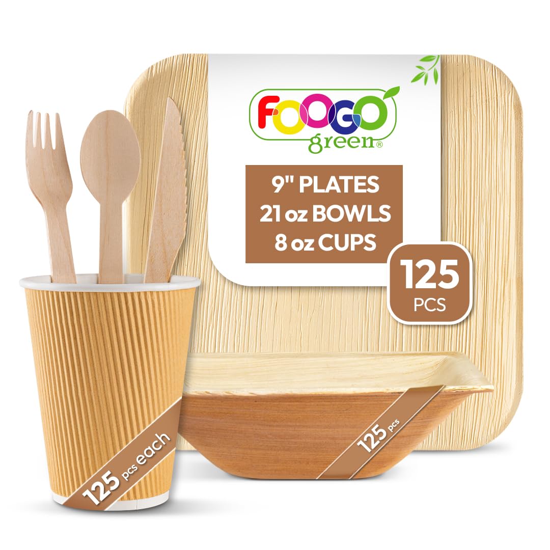 FOOGO Green 750pcs Disposable Palm Leaf Plates and Bowls, Paper Cups and Wooden Cutlery Set, FSC® Certified, 125x Large Plates, 125x Bowls, 125x Cups, 125xForks, 125xKnives, 125x Spoons, Eco Friendly — image 1