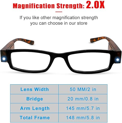 Miniatura 4 de Gafas de lectura con lupa de luz para hombres y mujeres, lectores LED brillantes, lentes de marco completo, lentes unisex con visión clara (+2.0)