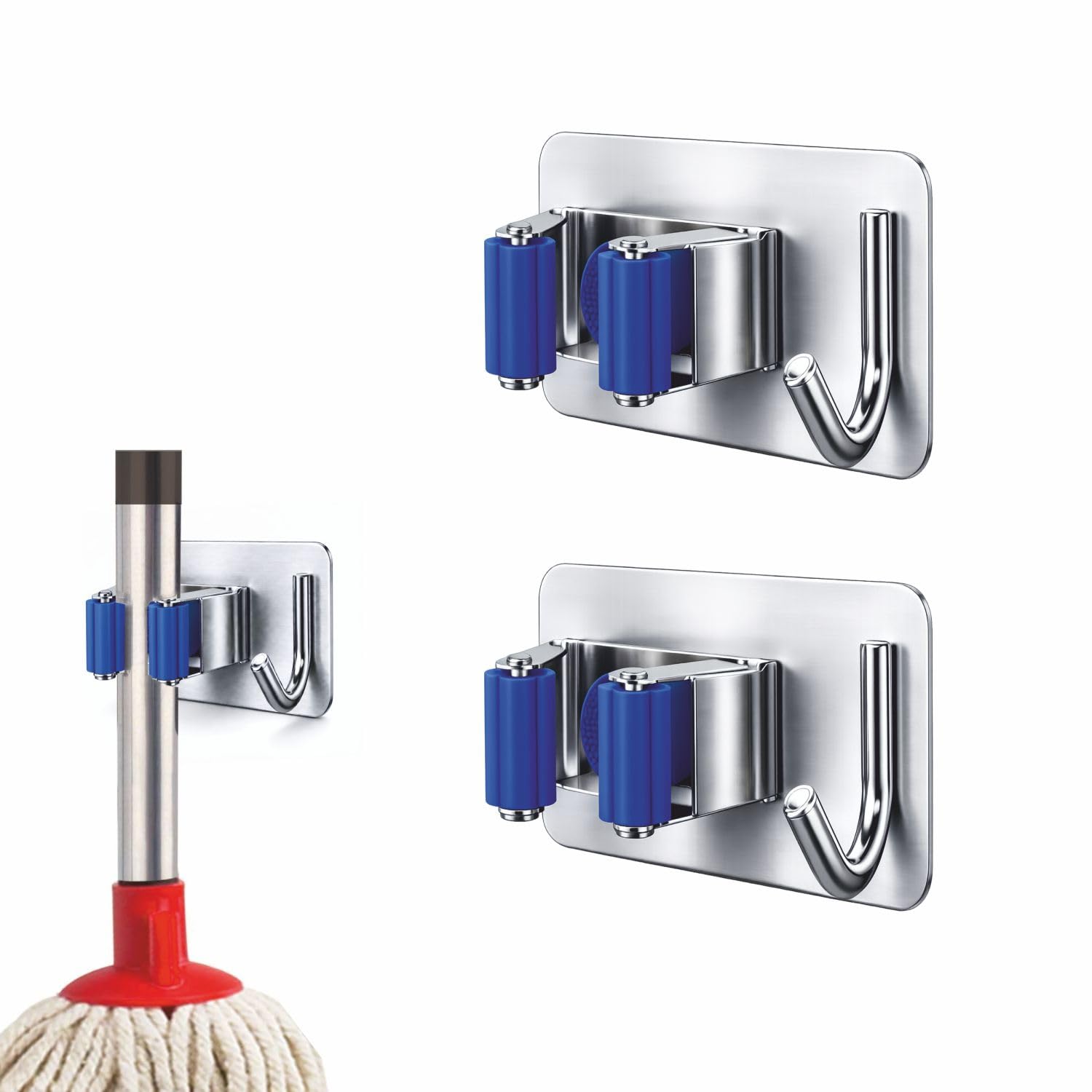 JIALTO 2 Pcs Stainless Steel Broom Holder with Hook - Wall-Mounted Adhesive Storage for Brooms, Mops, and More in Home and Kitchen Organization Mop Handles (Blue)