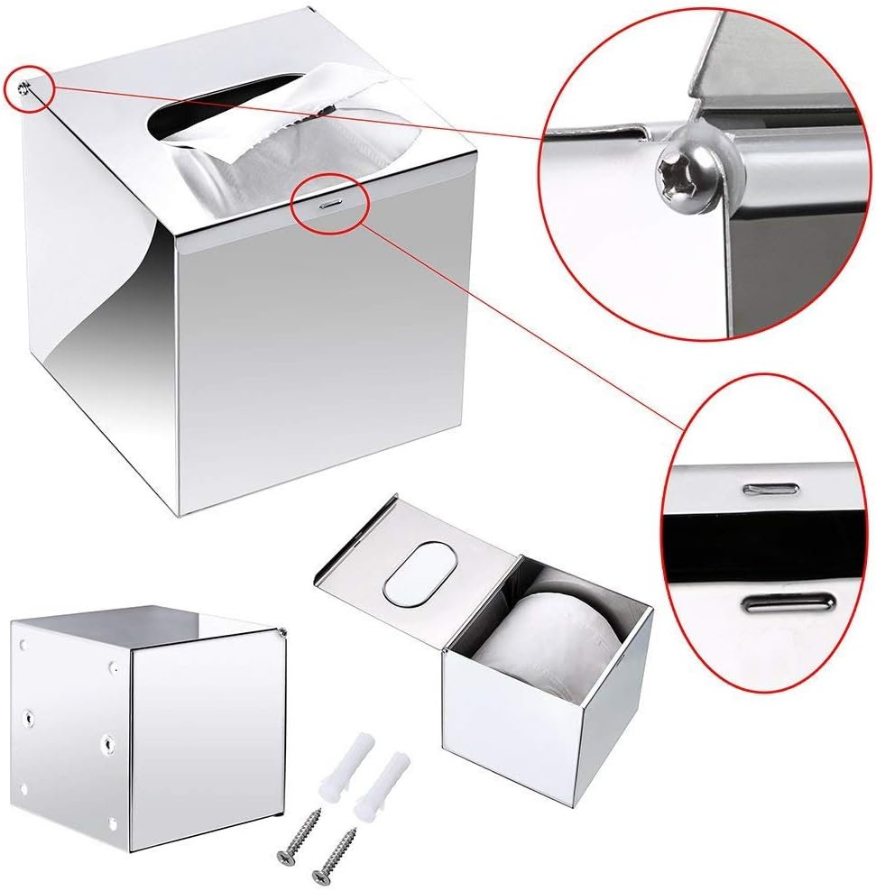 Stainless Steel Tissue Box Holder, Wall Mounted Square Pumping Paper Case Dispenser Desk Organizer for Bathroom Vanity Countertops Office Hotel Car