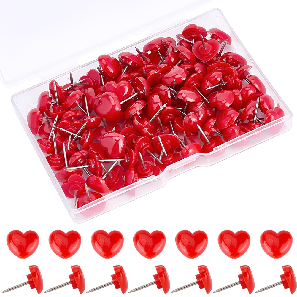 CREATCABIN 100pcs Decorative Push Pins Red Heart Plastic Push Pins Thumb Tacks Cute Push Pins Valentines Decor for Notice Board Cork Board Photo Wall Picture Maps Posters Note 0.43x0.49x0.67in