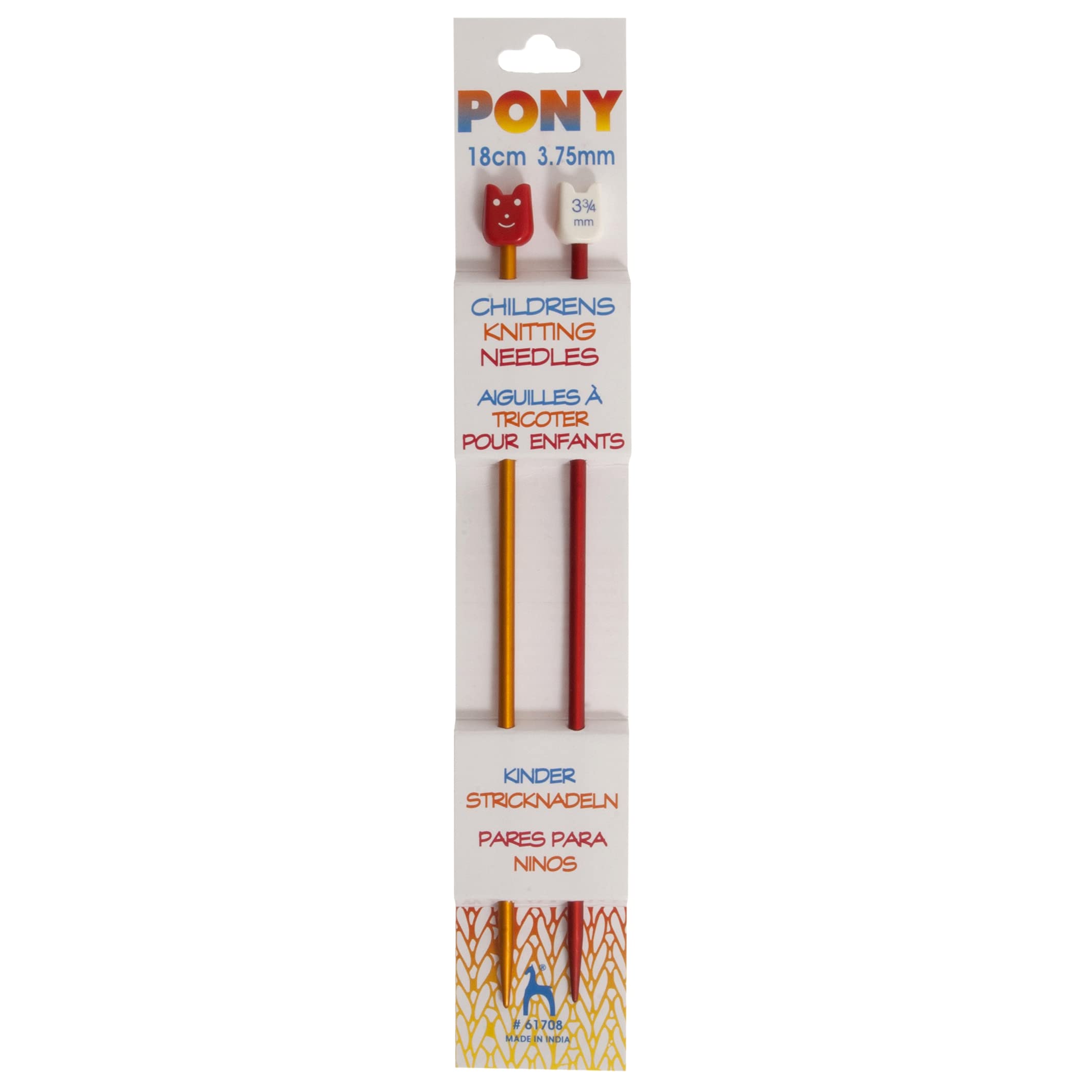Pony Children's Coloured Knitting Pins: Single-Ended: Anodised Aluminium: 18cm x 3.75mm: Red/Yellow, Multi, 3.75mm, Aluminum