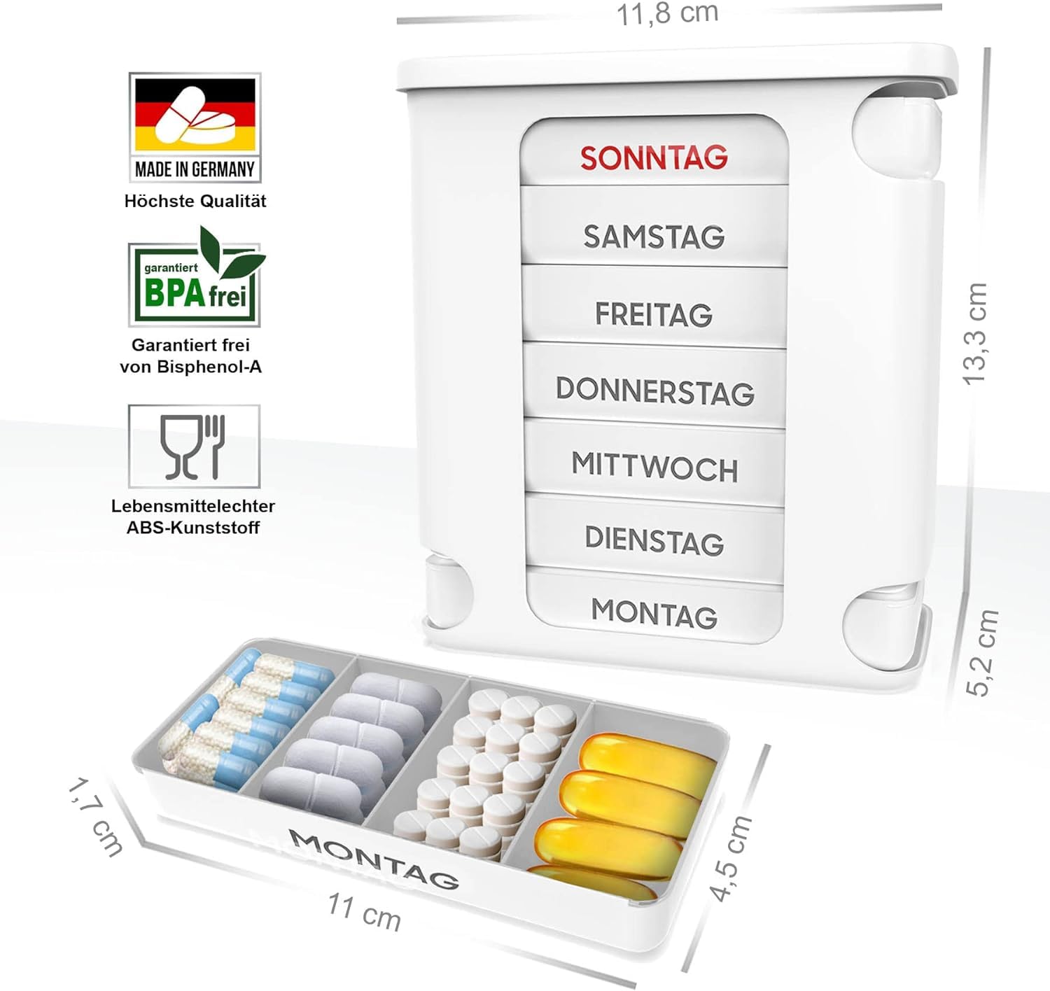 Portapillole 7 giorni con 4 scomparti – Prodotto in Germania – Compresse, Torre di pillole, pillole, dosatore per medicinali, scatola per la conservazione di compresse