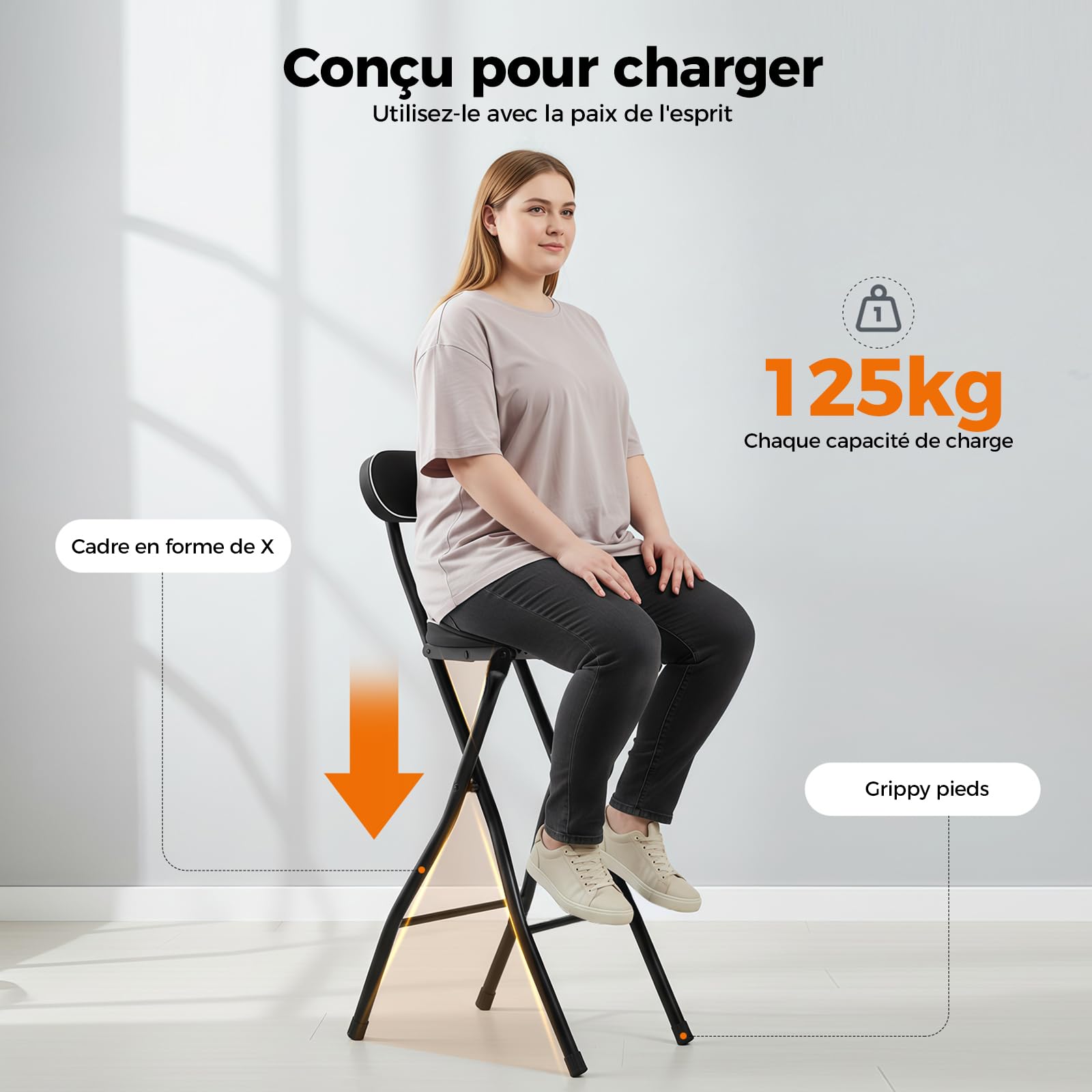 Lot de 2 tabourets de bar pliables avec dossier, 65 cm de haut, chaise haute pliantes pour bar et comptoir, capacité de charge 125 kg (noir 65 cm)
