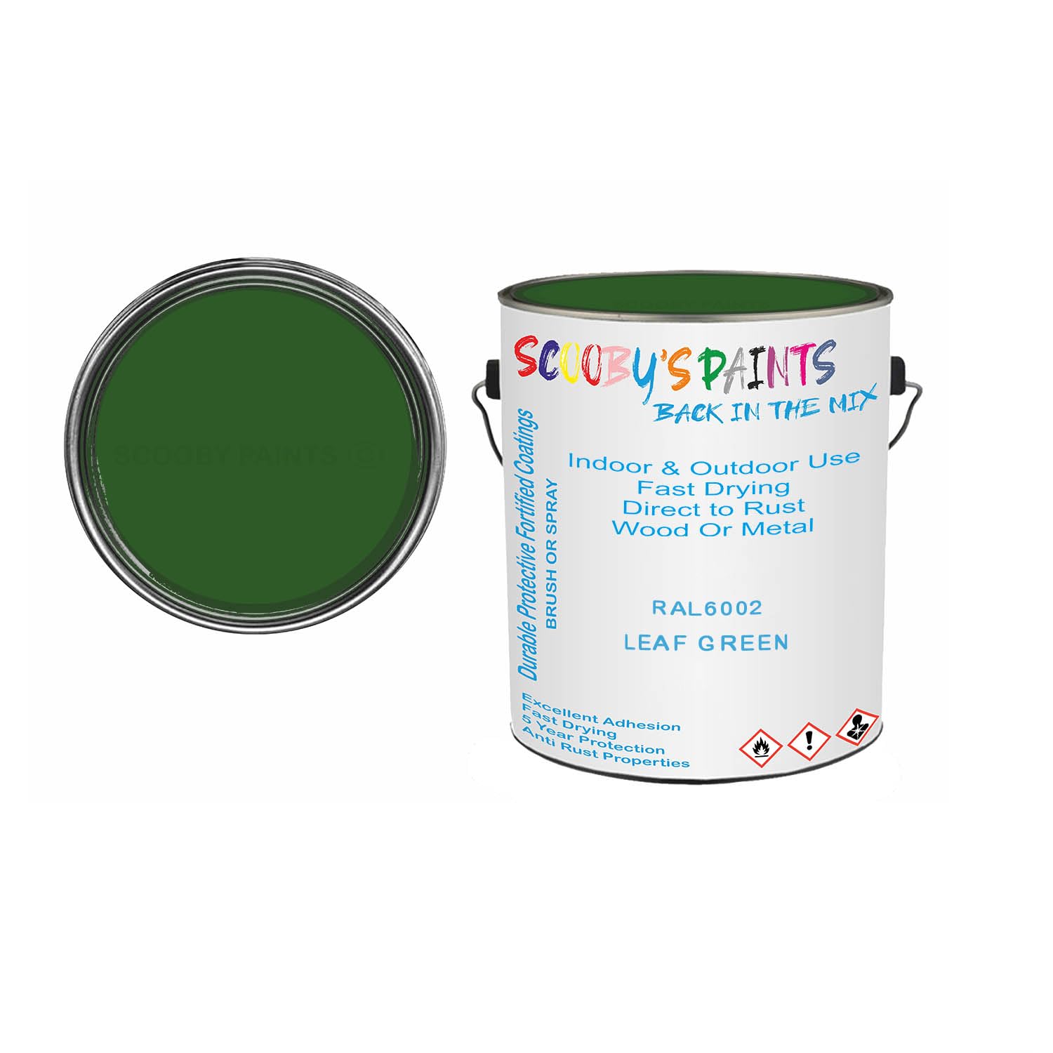 SCOOBYS PAINTS BACK IN THE MIX Anti Rust Direct to Metal Paint Protection prevents Corrosion indoor & Outdoor gloss Finish (250ML Tin, RAL6002 Leaf green)