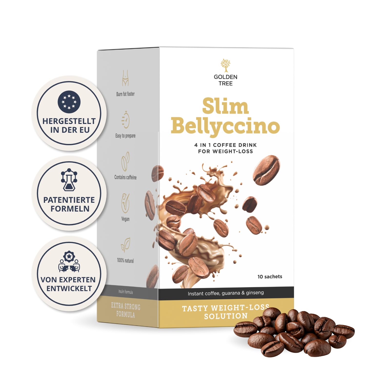 Golden Tree SlimBellyccino – Premium-Instant Kaffee Mischung, 10 Beutel | Guarana, Zichorienwurzel, Ginseng, Glutenfrei, Laktosefrei