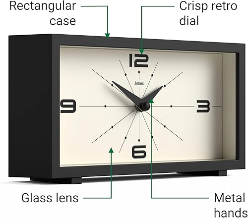 Miniatura 6 de JONES CLOCKS Reloj de escritorio Odeon  Diseño rectangular moderno  Negro  Elegante aspecto retro para estante, mesa, mantel o mesita de noche