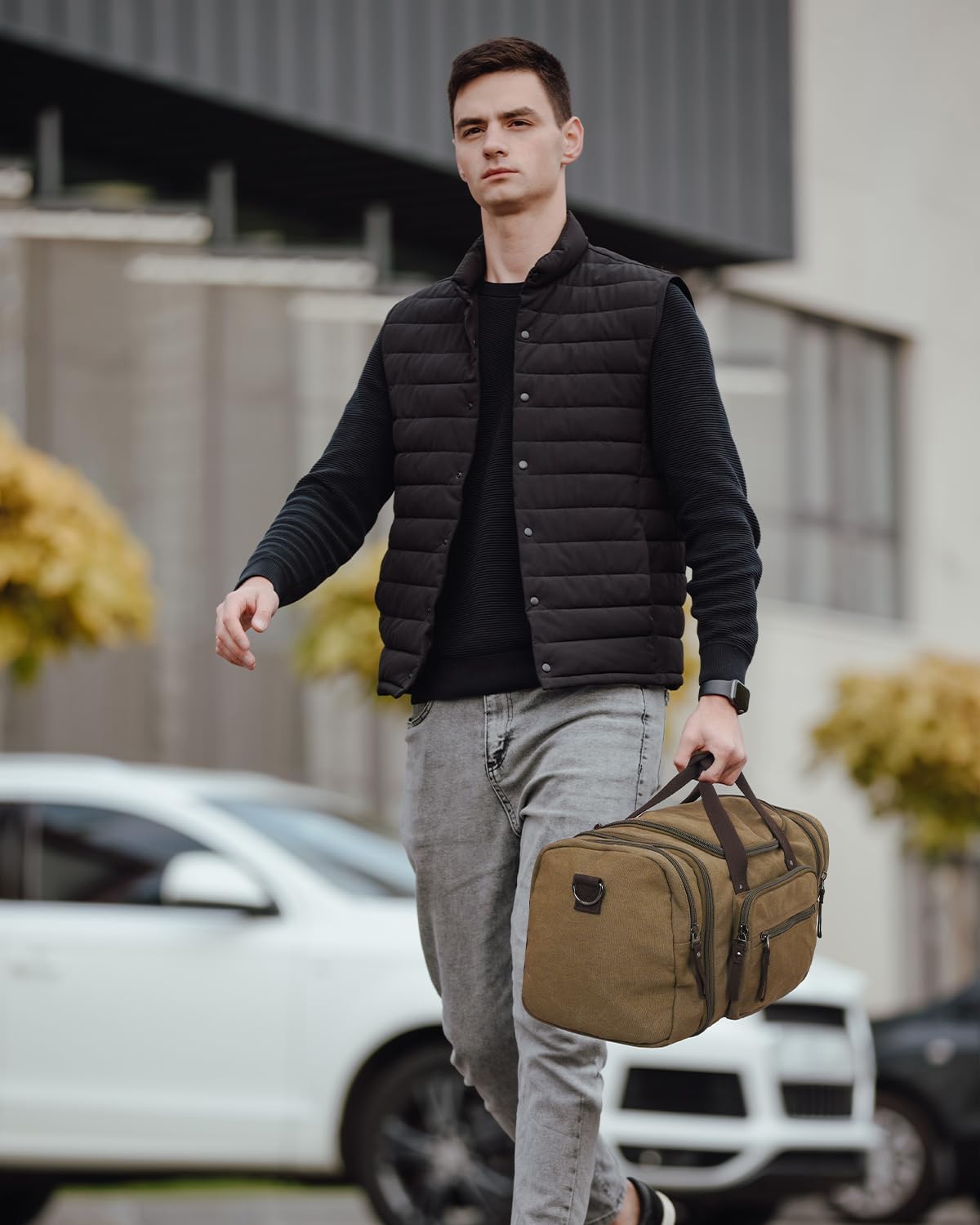 35-40L Expandable Canvas Travel Duffle Bag for Men, Vintage Overnight Weekender Bag with Multi-pocket, Khaki - Image 5