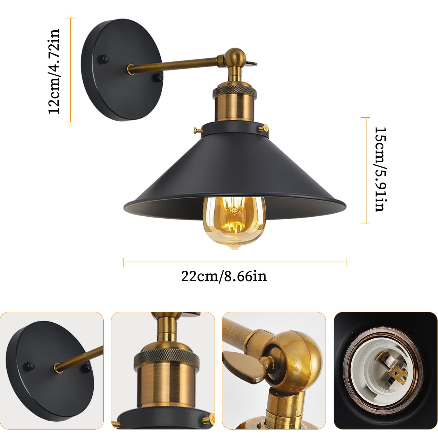 2 Pezzi Lampade da Parete Industriale Vintage E27 Applique da Parete Retrò in Stile Edison Regolabile 180° lampada da Muro in Metallo per Cucina Camera da Letto Soggiorno Loft, 22CM (Nero)