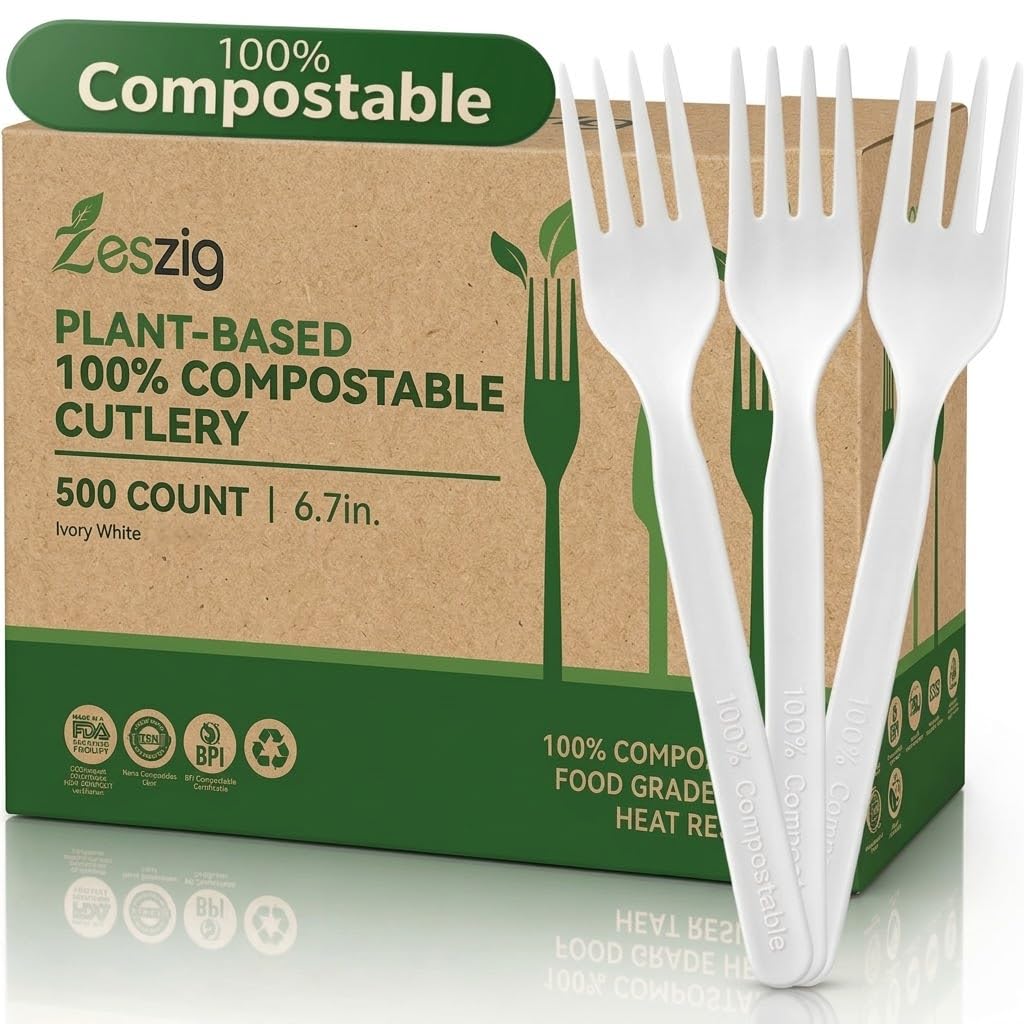 100% Compostable Forks 500 Pack, 6.7" Heavy Duty Plant-Based CPLA Utensils, BPI Certified Biodegradable Disposable Plastic Forks Alternative, Heat Resistant 212°F Flatware for Parties & Camping