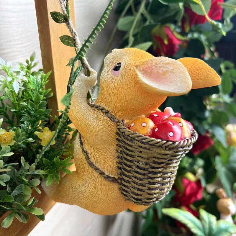 HASTHIP® Cute Resin Climbing Bunny Decor with Rope and Basket of Mushrooms for Planter or Garden Hanging, Adorable Rabbit Figurine for Indoor Outdoor Home Decoration