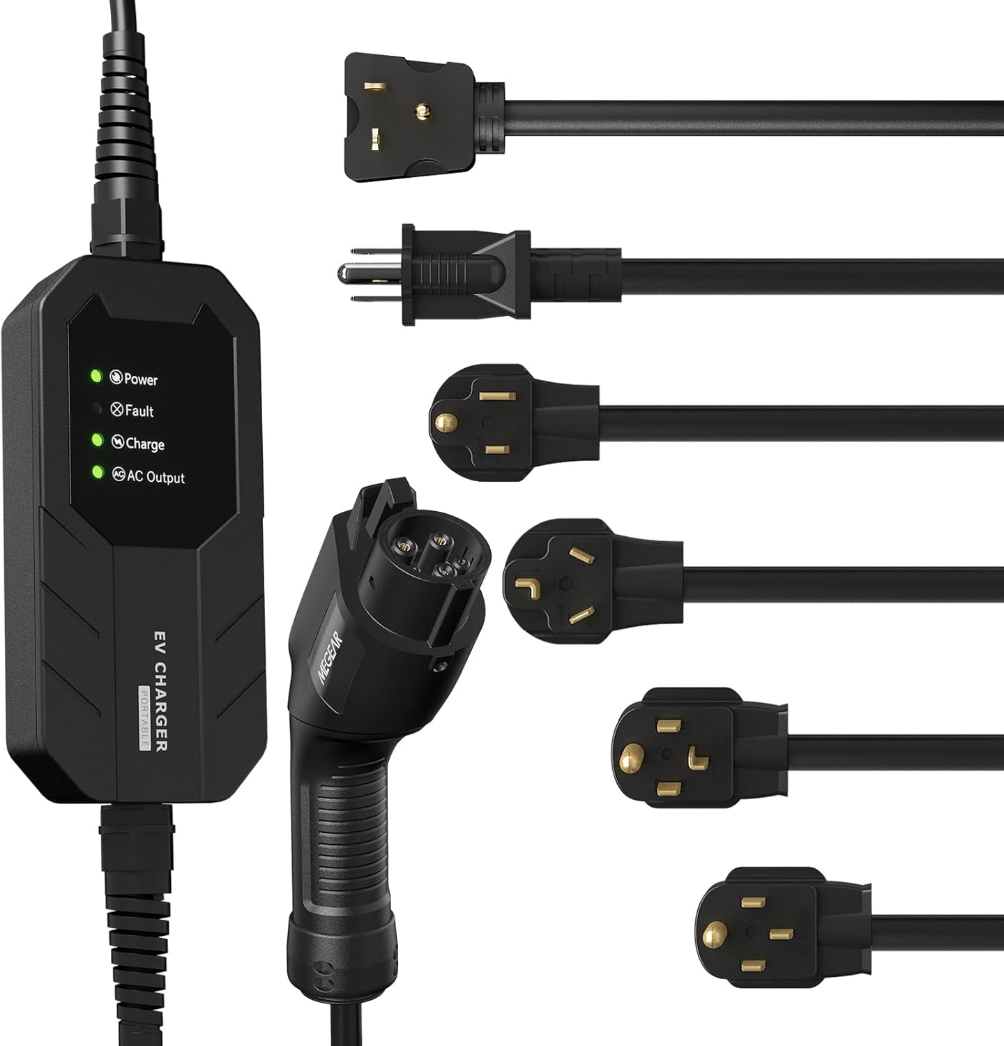 Megear Level 1&Level 2 EV Charger with Five adapters, 16A, 100-240V, 23FT, Portable Electric Vehicle Charger, Fast EV Home Charging Station