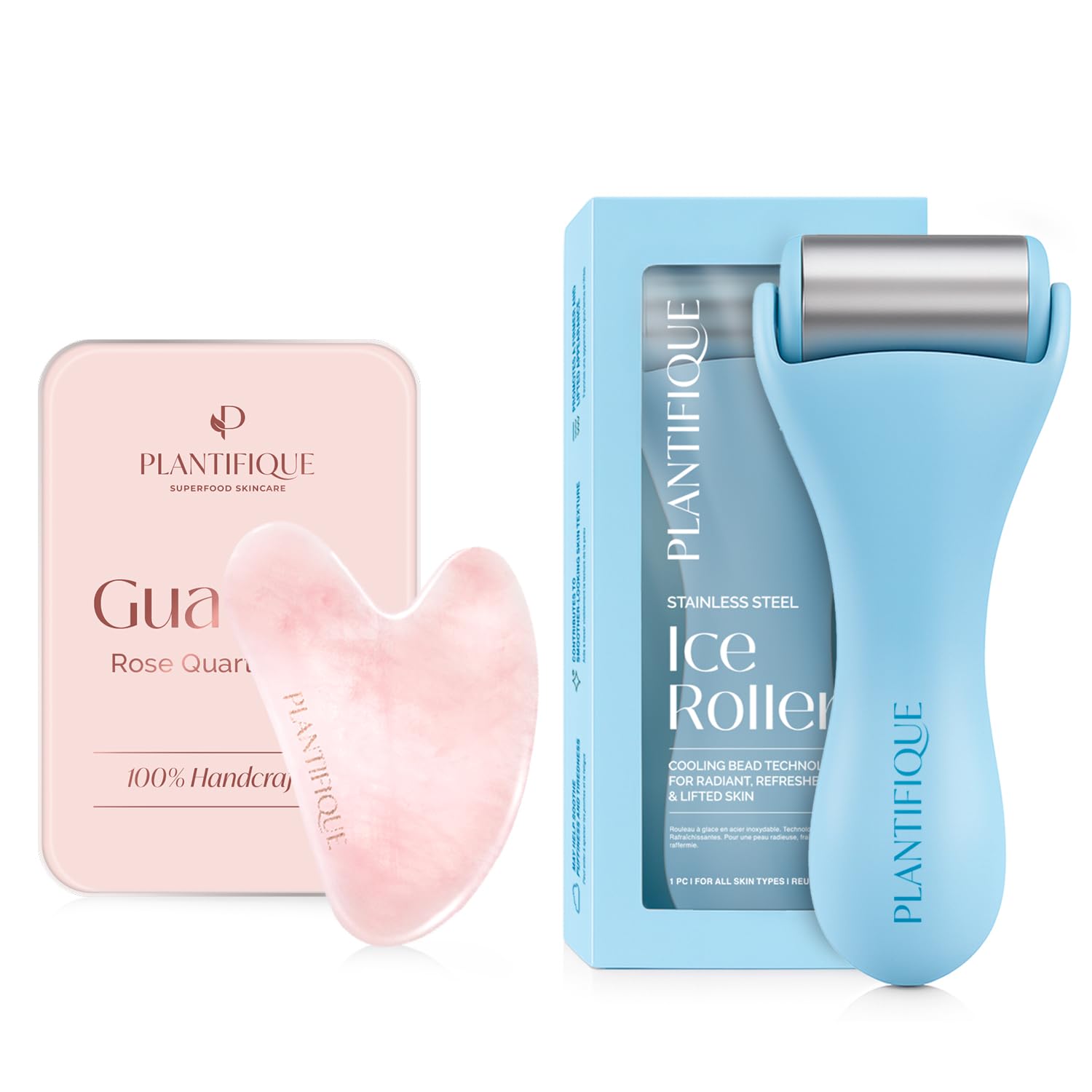 PLANTIFIQUE Rose Quartz Gua Sha Tool Anti-Aging Face Massager & Jawline Shaper for Skincare Routine Facial Ice Roller - Puffiness Cryotherapy Skin Care Massage Tool