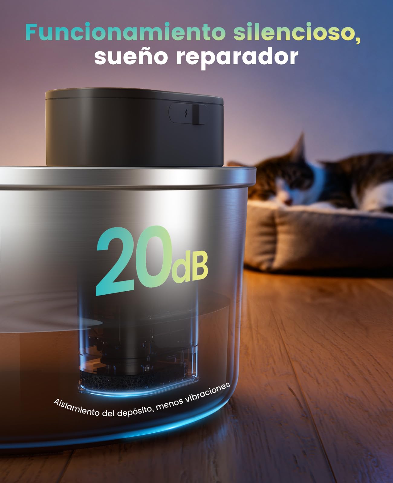 oneisall Fuente para gatos Kabello, 3,2 L, acero inoxidable, fuente para gatos inalámbrica con detector de movimiento, bomba SilentFlow™ de 20 dB, filtro de carbón activo, fuente de agua para gatos