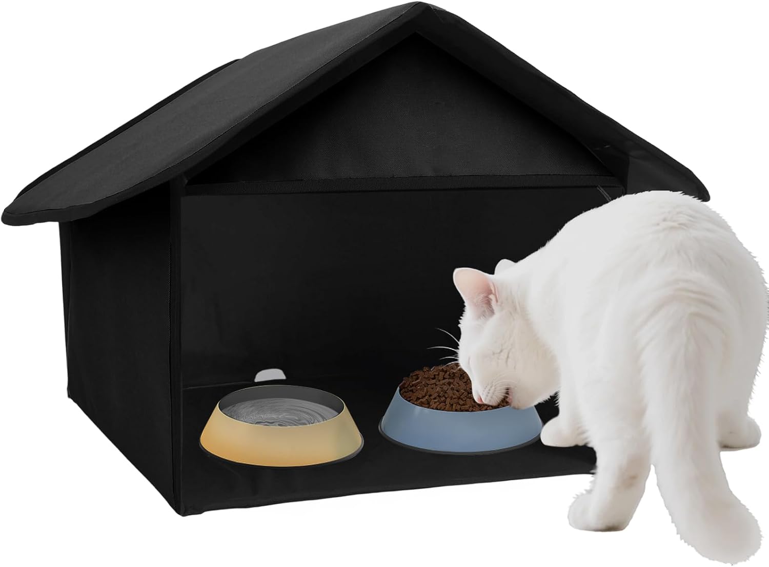 Outdoor Cat Feeding Station, Stray Cat Shelter, Cat Shelter Outdoor for Food and Wate, Waterproof Pet Shelter for Cats Birds, Rabbits and Small Dog (Black, 17 in)