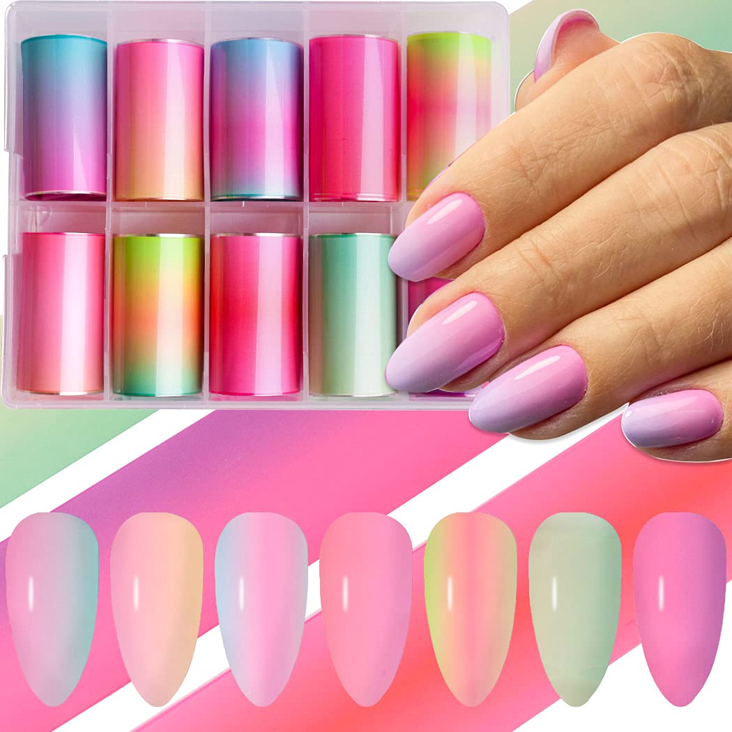 JERCLITY10 Rolls Fluorescent Candy Gradient Color Foil Nail Art Kit Colorful Neon Transfer Foil for Nails Designer Nail Art Foil Transfer Wraps for Acrylic Nails