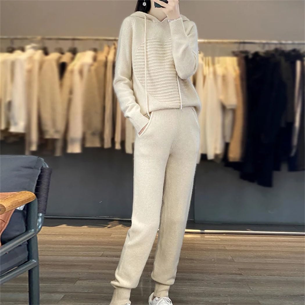 Herbst Winter Damen Anzug 100% Merinowolle Kapuzenpullover Casual Sweatpants Kleine Bein Hosen Gestrickt 2-teiliges Set