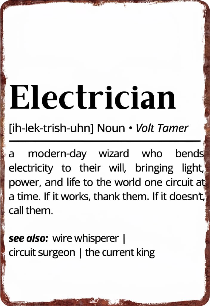 peiyeety Electrician Definition Tin Sign 12x8 Inch Funny Metal Wall Decor Vintage Rustic Plaque for Workshop Garage Office Man Cave Home Decor Gift for Electricians