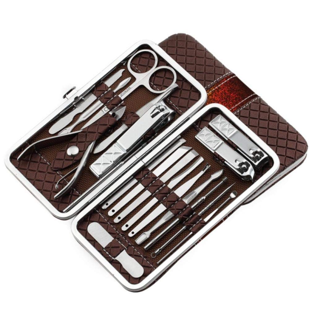 Ensemble de manucure 18pcs Kit de Coupe-Ongles Professionnel Outils de Soins de pédicure, kit de toilettage en Acier Inoxydable avec étui de Voyage en Cuir-Marron_18 pièces (Marron 18)