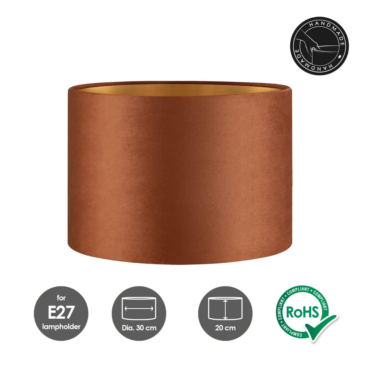 Home Sweet Home Paralume in velluto VELVET, marrone-oro | Ø30 cm, a forma di tamburo | Per lampade a sospensione e da tavolo E27 | Ideale per soggiorni e sale da pranzo