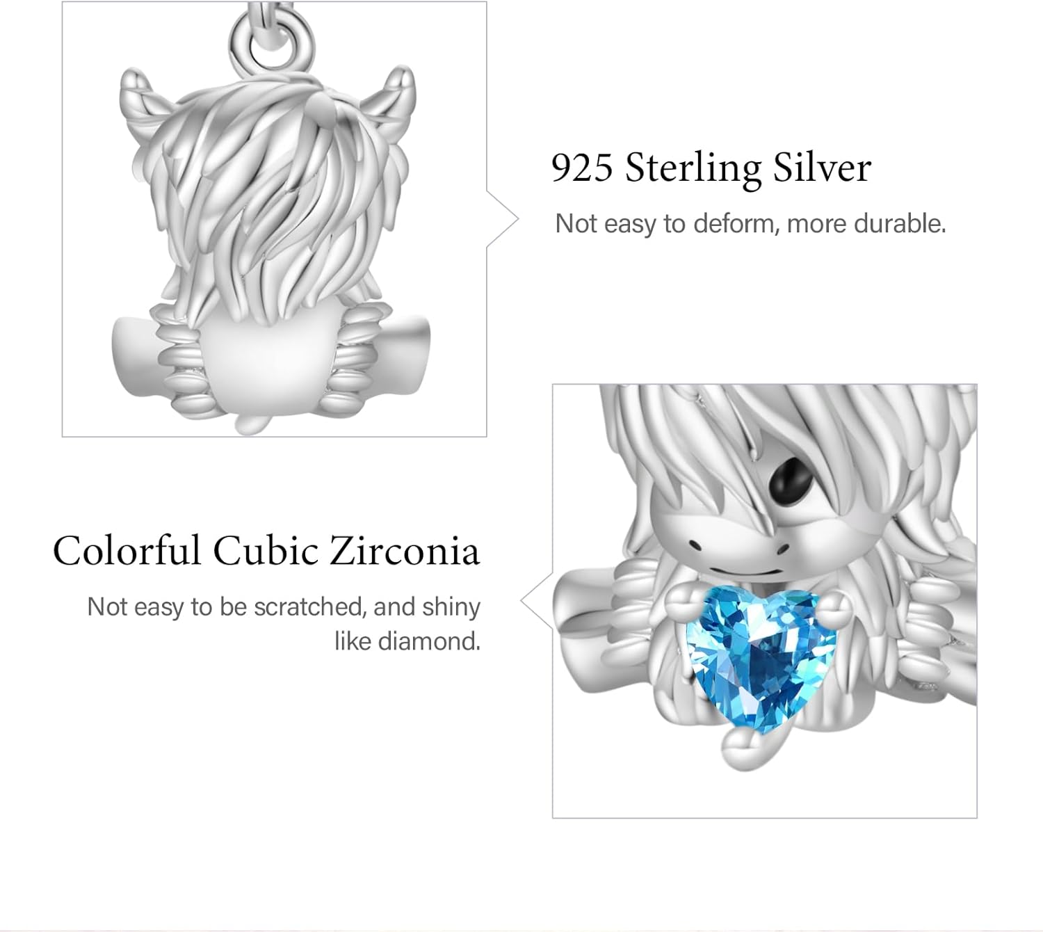 GNOCE Highland Cow Cute Love Embraces Heart Birthstone Charm For Women, 14K White Gold Plated Bead Charm Bracelet for Her, Jewelry Gift Animals
