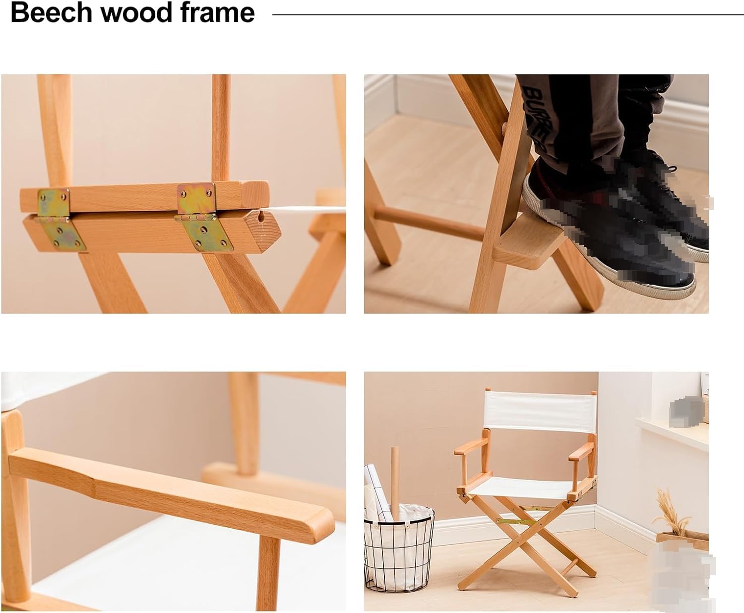 Sillas Plegables de los directores Altos, Silla de Maquillaje Marco de Madera sólida y Asiento de Lona, reposapiés portátil, Silla de Maquillaje para el Artista del Maquillaje, Capacidad de Carga 440