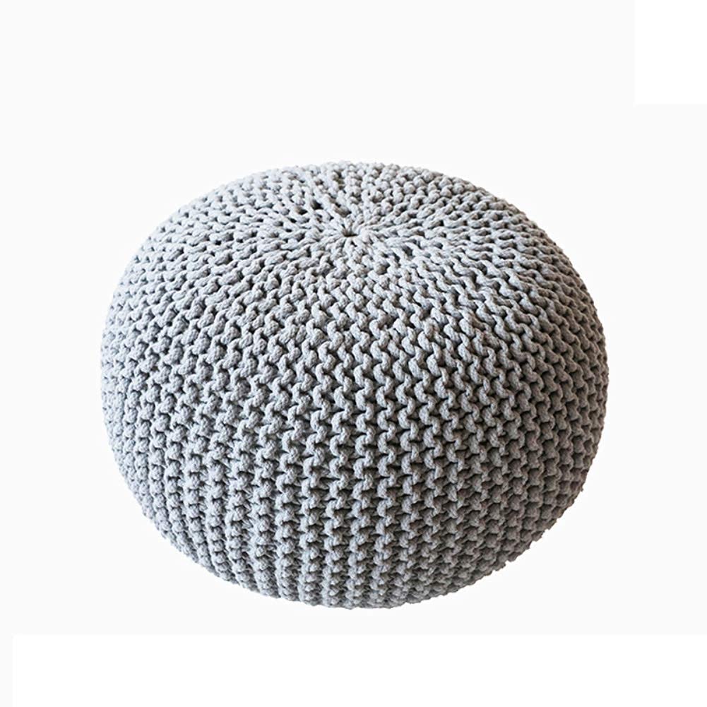 Pouf ottoman rond bleu et gris en tricot fait main pour salon moderne
