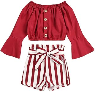 Roupas infantis para meninas roupas para bebês meninas meninas camiseta com babados ombros de fora tops listrados roupas vermelhas