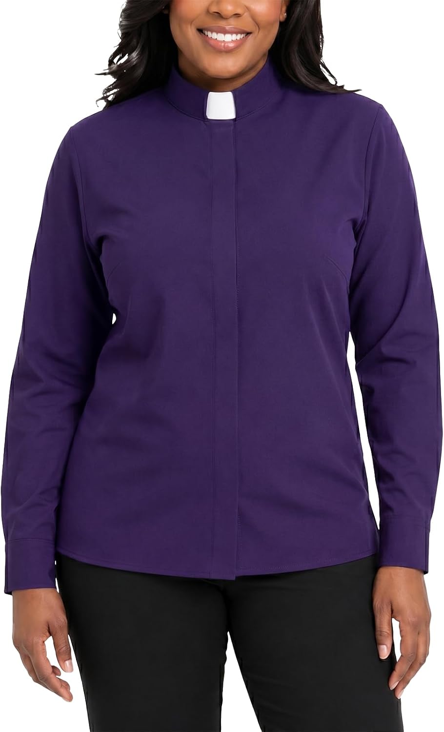 Women's Tab Collar Clergy Blouse Long Sleeve Hidden Button Front Clerical Shirt for Pastor Priest Minister Church