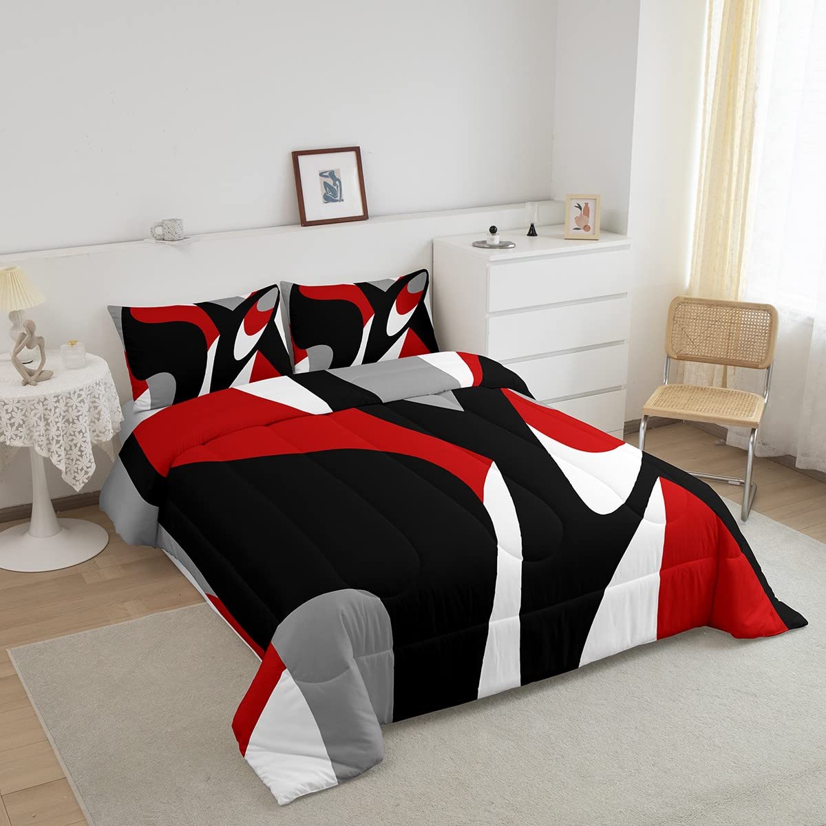 Homemissing Set di biancheria da letto con motivo geometrico, moderno, linea ondulata, piumino, bianco, rosso, nero, trapuntato, per bambini, ragazzi, ragazze, adulti, con 2 federe matrimoniali