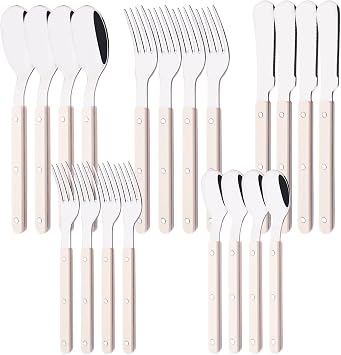 20 PCS Stainless Steel Flatware Set for 4, Silverware Set with Colored Handles, Retro Style Forks Spoons and Knives Set, Vintage Eating Utensils, Beige Acrylic Handle with Rivets Design