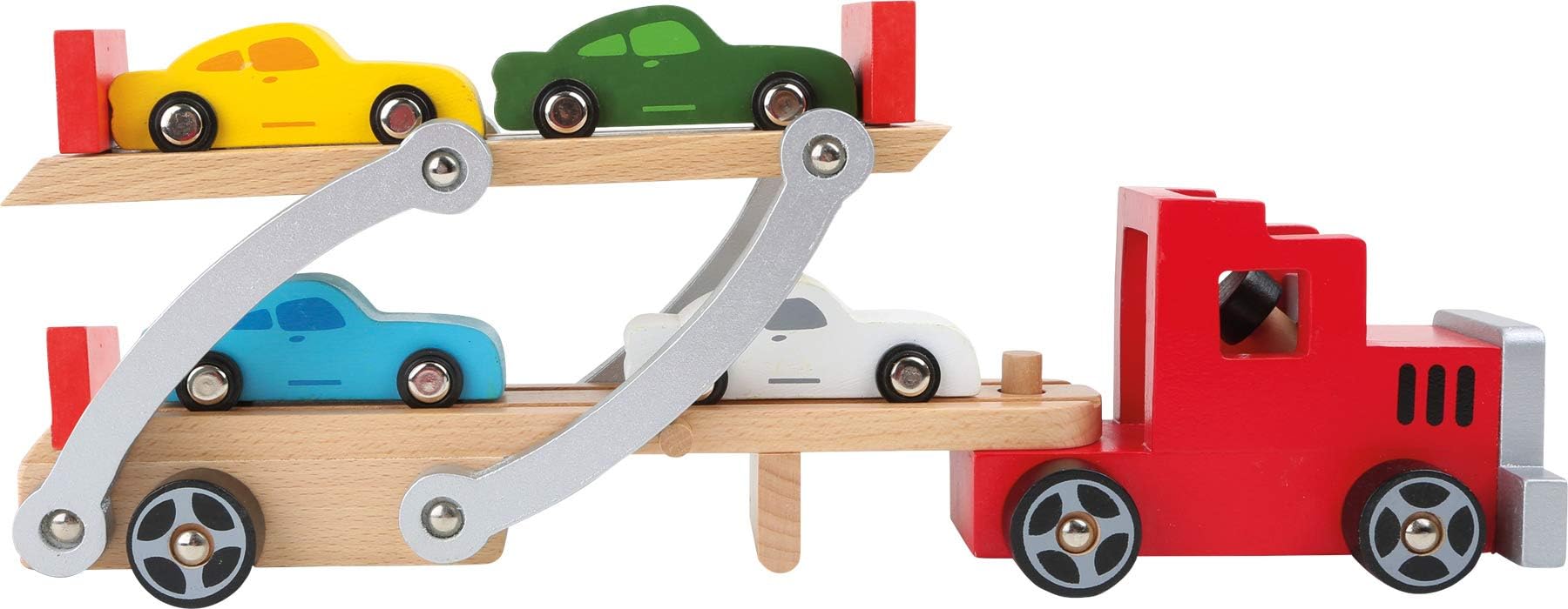 small foot Autotransporter aus Holz, mit abnehmbarem Anhänger und 4 bunten Autos, für Kinder ab 3 Jahren, 4222