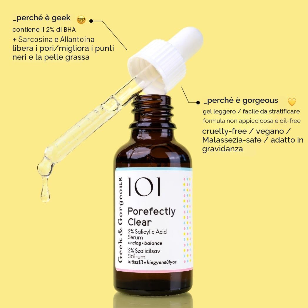 Geek & Gorgeous Porefectly Clear – Siero raffinante dei pori con acido salicilico al 2% e sarcosina – per una pelle più chiara – per pelli miste e grasse – 30 ml