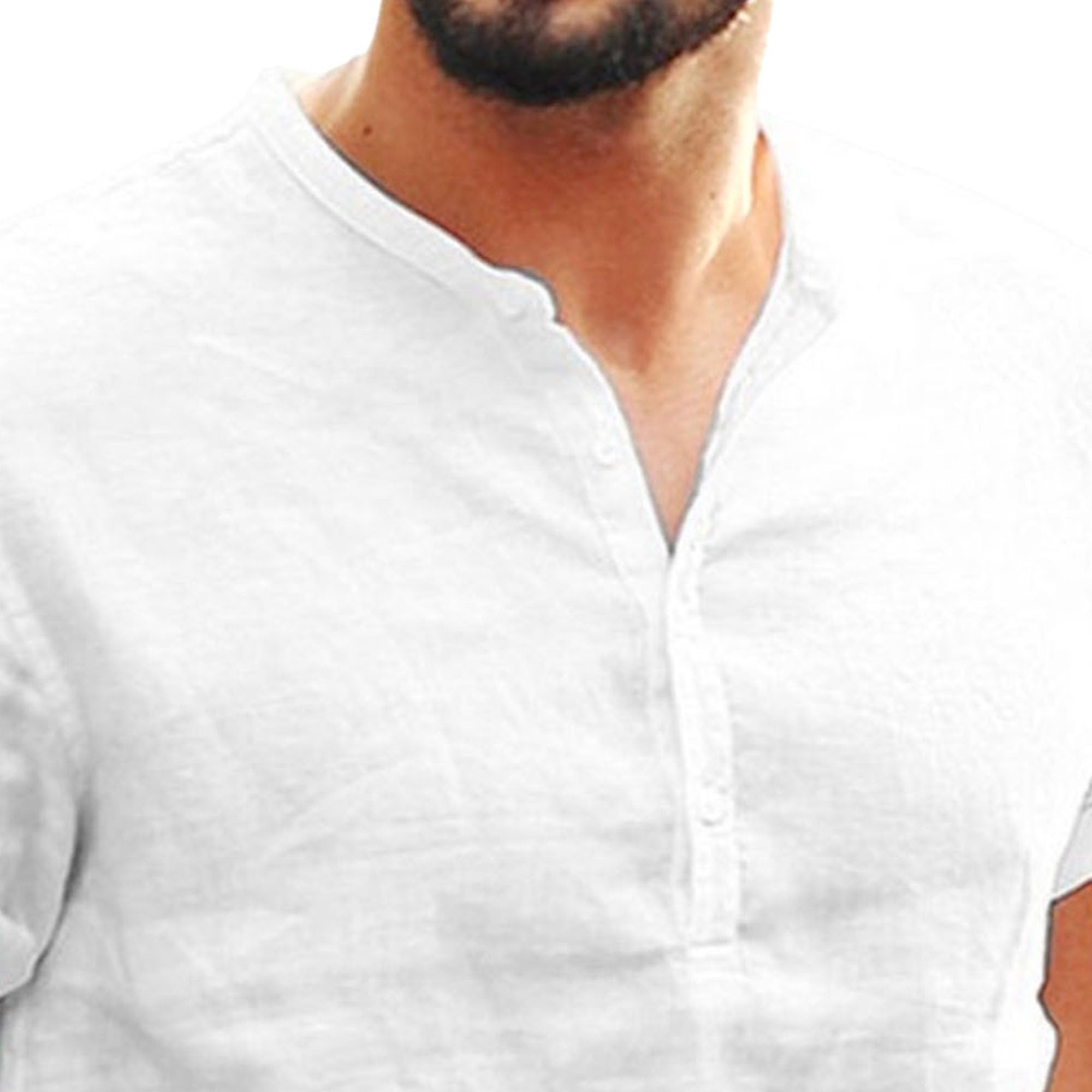 Men Solid Stand Collar Street Shirts Normal Thin Cotton Linen Cool T Shirt Summer Quarter Button Pullover Tops (White,Medium)