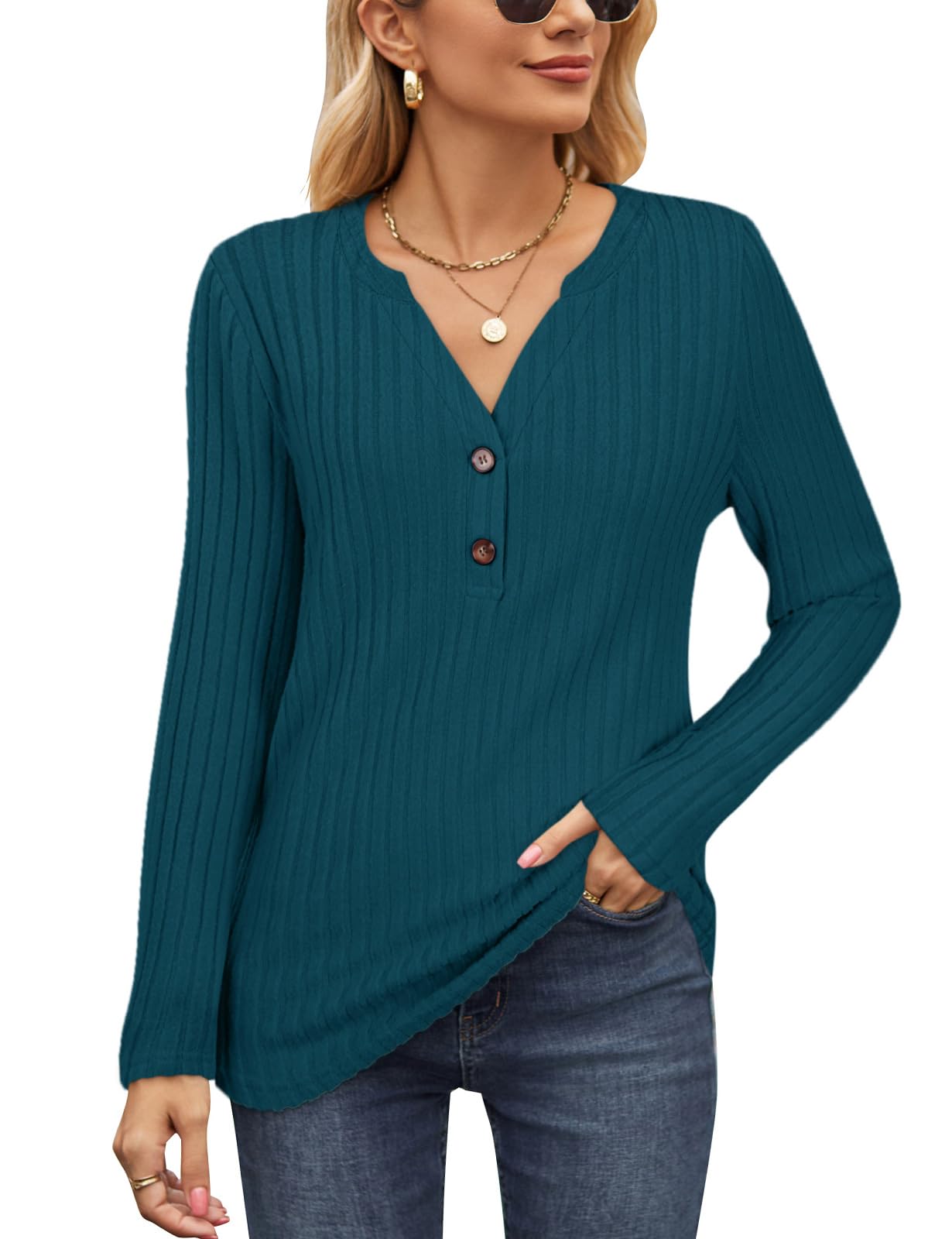 Akiooue Warmer Dünner Strickpullover Anti Pilling Weich Angenehm Damen Langarm Taillierter Herbst Winter V Ausschnitt mit Knöpfen Oberteil