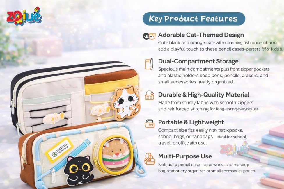 Image of WORSHIPER Pencil Case Set of 2, Birthday Return Gift for Kids, Large Capacity Pencil Pouch with Compartments, Cute Pen Organizer for Girls Boys School Supplies Ages 3-12 (Black & Brown Cat Combo)