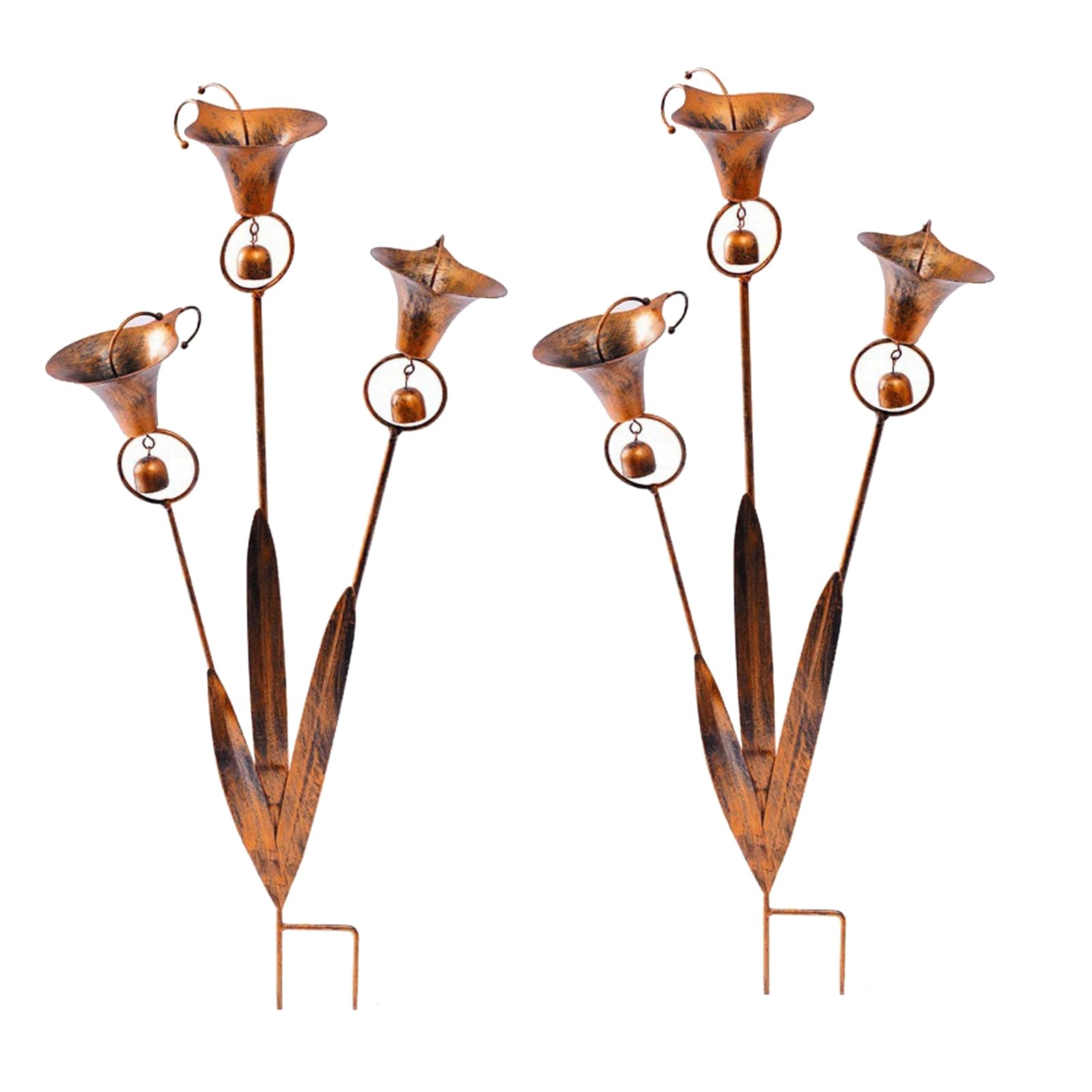 RetroNest Three Calla Lilies Garden Stake with Bells,Handmade 24 Inch Rustic Weatherproof Iron Outdoor Floral Stake for Patio Lawn Flower Bed,Gift for Gardeners A 2pcs