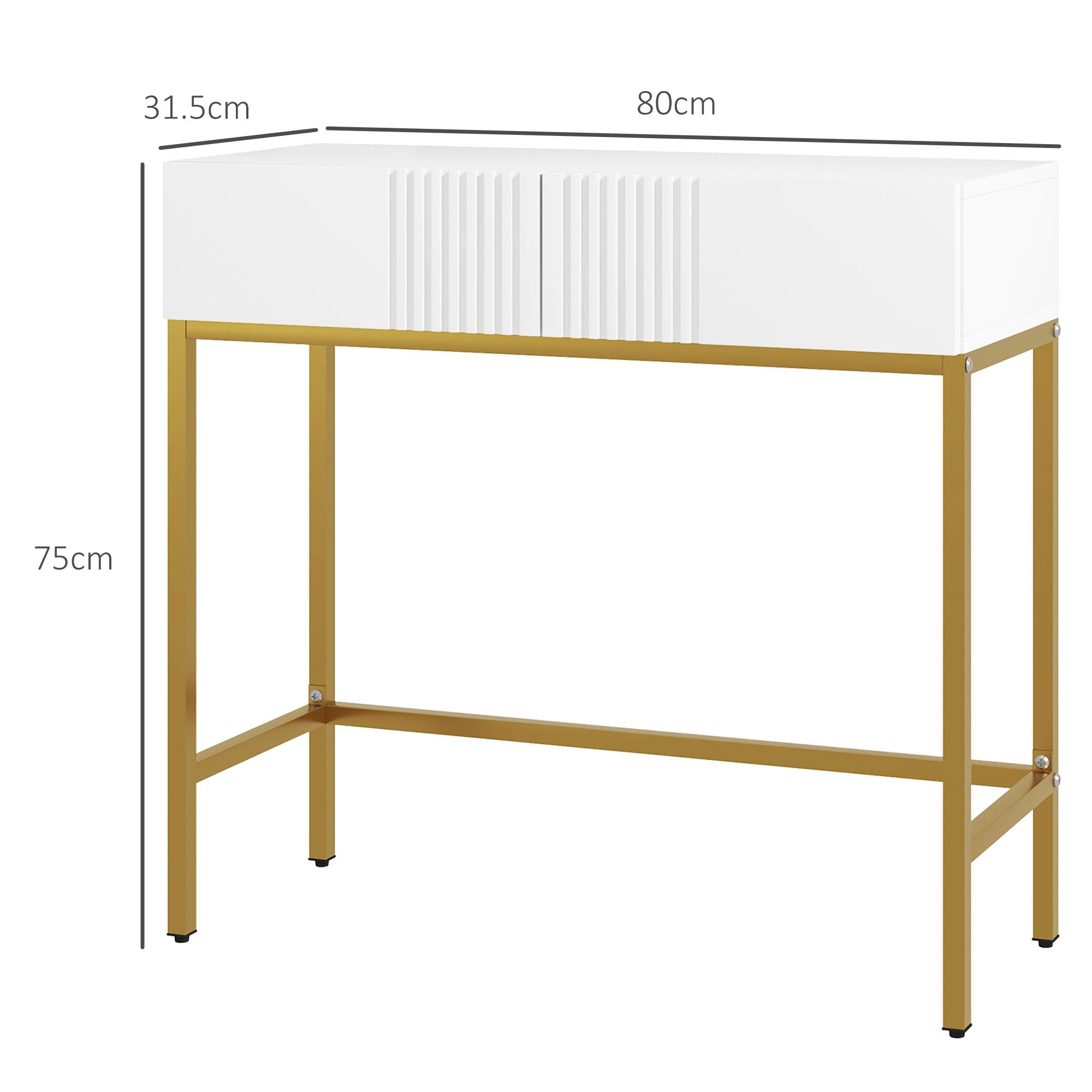 HOMCOM Consolle da Ingresso con 2 Cassetti 80x31.5x75cm Bianco | Tavolo Consolle, Gambe Dorate, per Soggiorno e Salotto