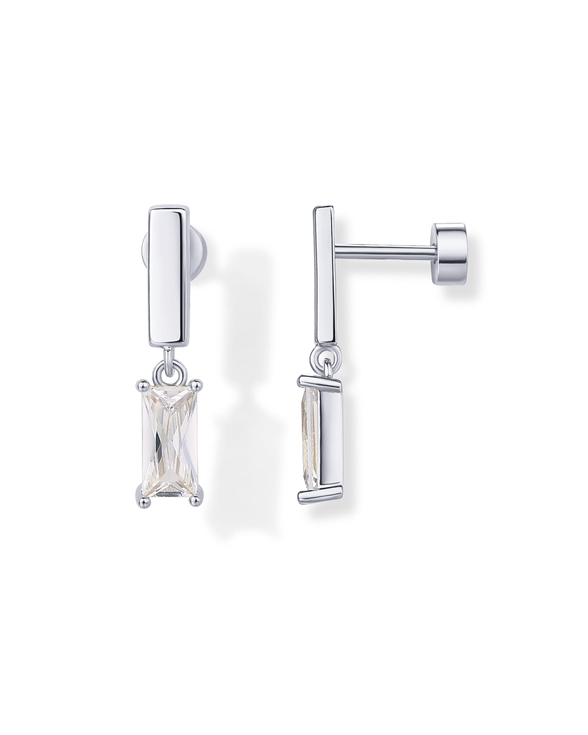 PAVOI14K Gold Plated 925 Sterling Silver Posts Mini Bar Drop Dangle Flatback Earrings for Women | Dainty Helix Cartilage Piercing Jewelry | Baguette Bezel Marquise Pearl Cubic Zirconia Screwback Stud Earrings