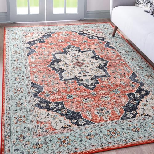 FlyDOIT Vintage Washable Area Rug, 4x6 Red Blue Floral Medallion Rugs for Living Room, Ultra Soft Accent Bedroom Rug, Indoor Non-Slip Low-Pile Throw Carpet for Entryway Dorm Kitchen Dining Room Decor