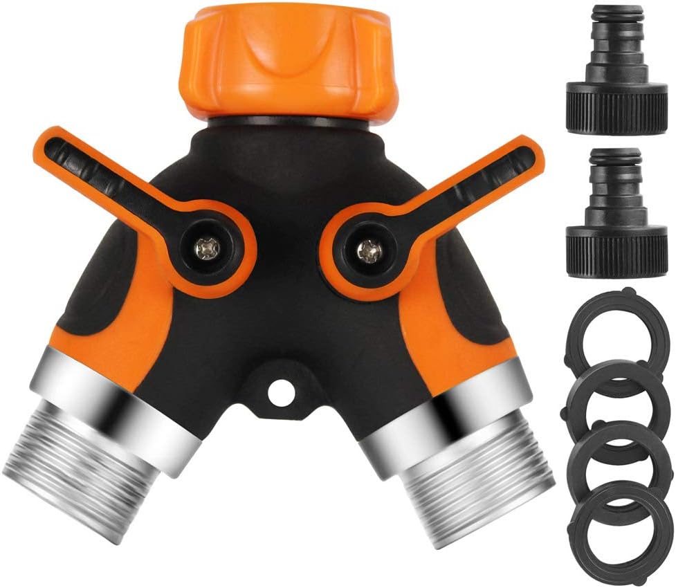 SUNBOOM Garden Hose Splitter - 2 Way Hose Tap Connector, Outdoor Double Water Tap Hose Splitter, Faucet Adapter with 2 Quick Connectors and 4 Rubber Washers