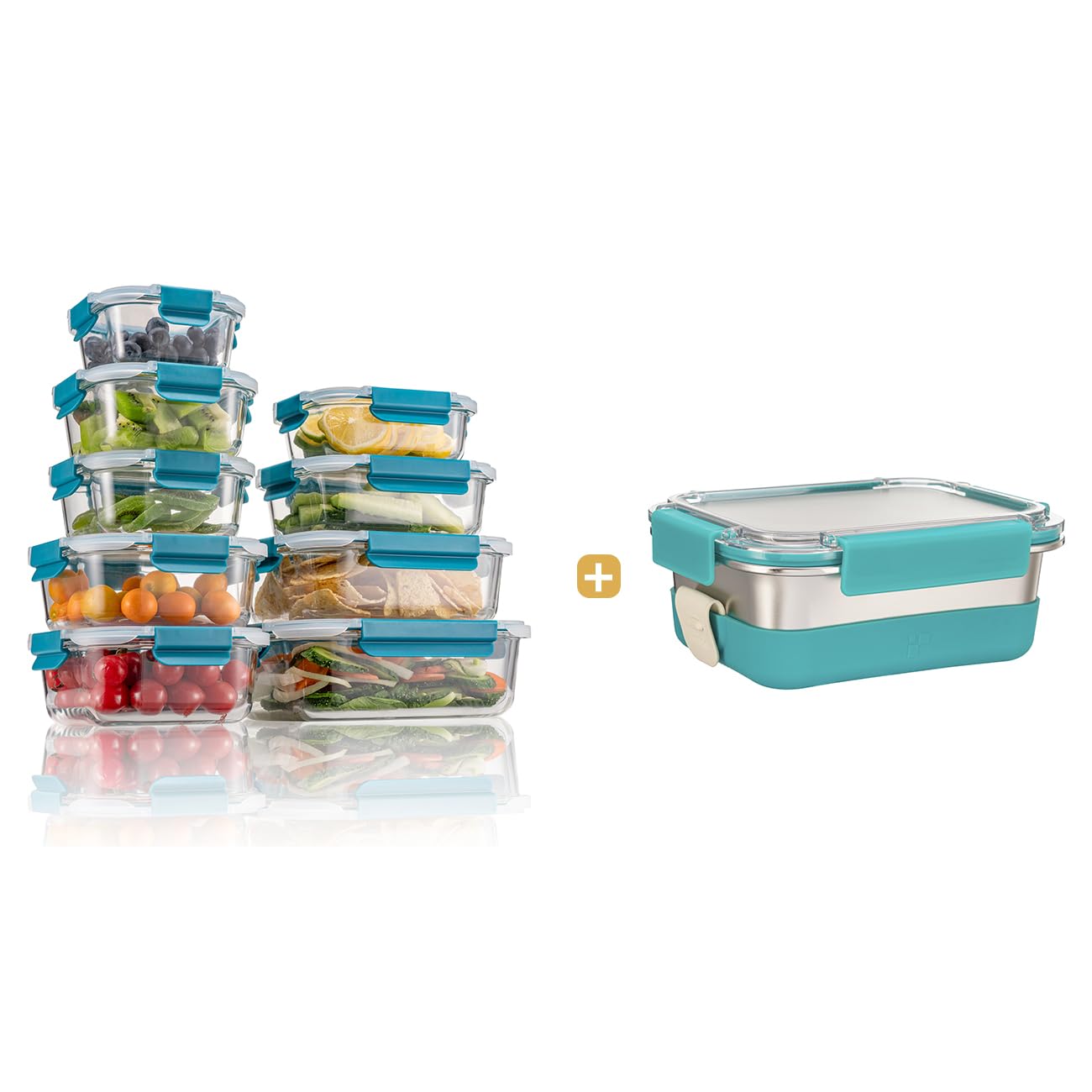 GC GENICOOKBorosilicate Glass Food Storage Containers & Stainless Steel Lunch Box with Silicone Sleeve