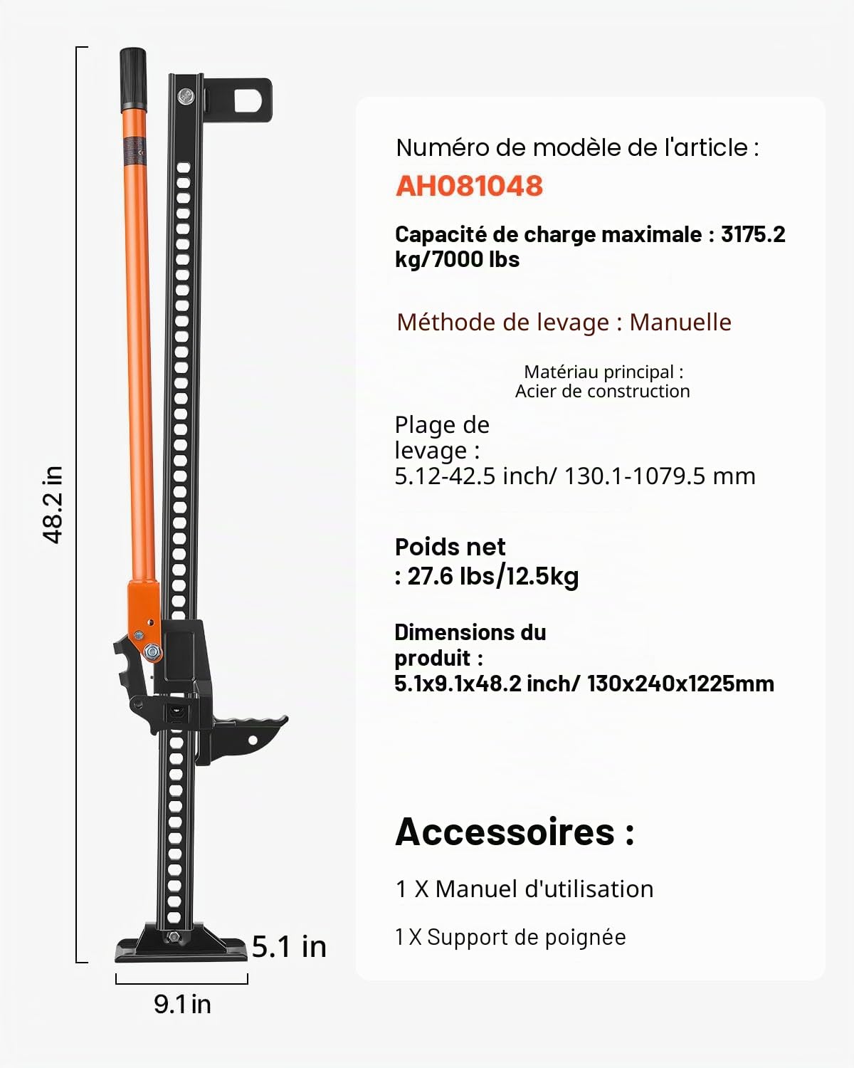 VEVOR Cric Tout-Terrain 4x4 Capacité de Charge 3,18 tonnes, Cric à Crémaillère 122,5 cm, Hi-Lift Haute Levée avec Plage de Levage de 13-108 cm, Outil pour Véhicules Tout-Terrain Tracteurs Ferme