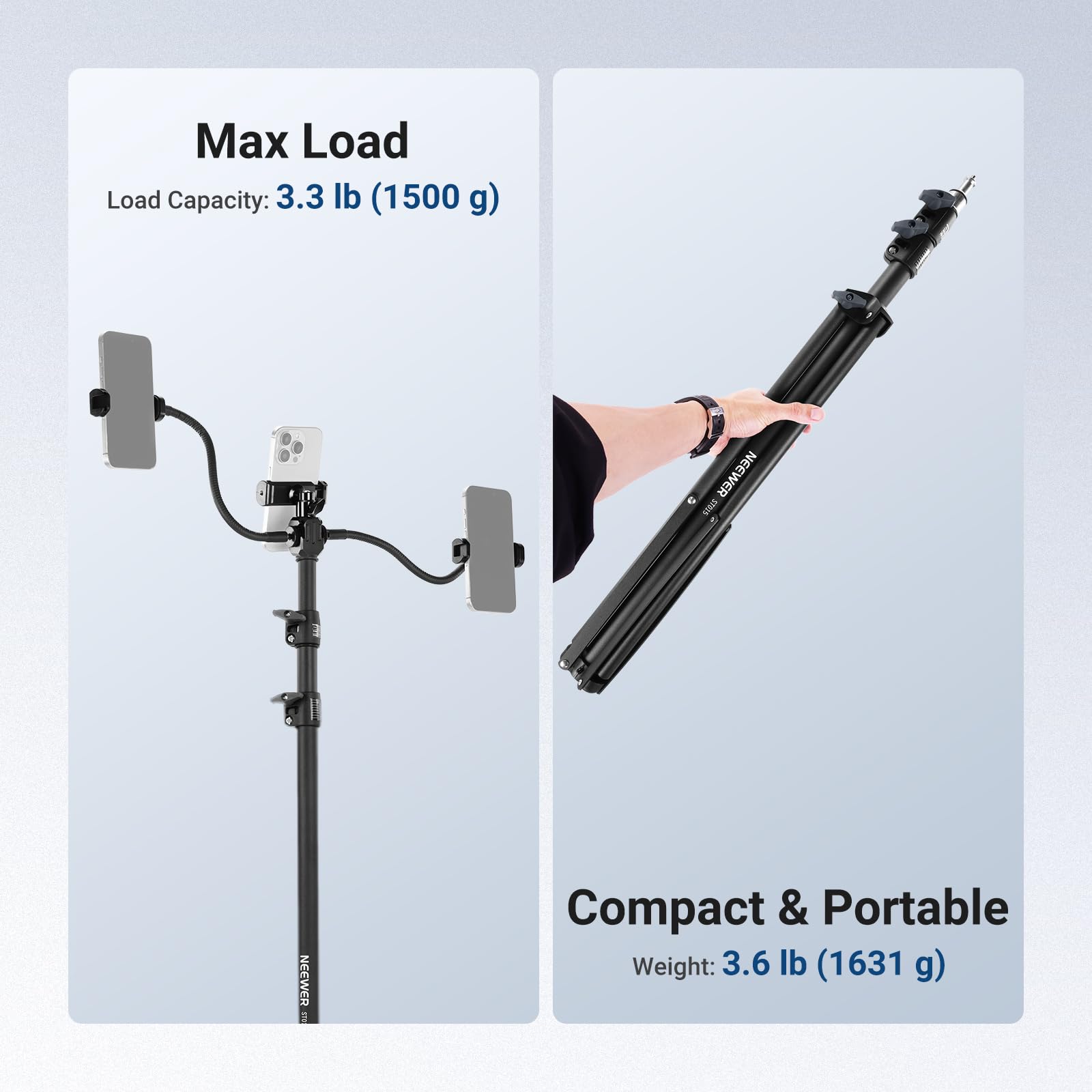 NEEWER BASICS ST015 Statyw do telefonu z podwójnymi elastycznymi ramionami, regulowany aluminiowy stół biurowy przy łóżku klips do smartfona uchwyt zaciskowy kompatybilny z iPhone Samsung Android do